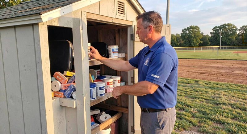 A volunteer in a polo shirt unlocking a storage shed full of bases and chalk at a community ballfield in the morning.