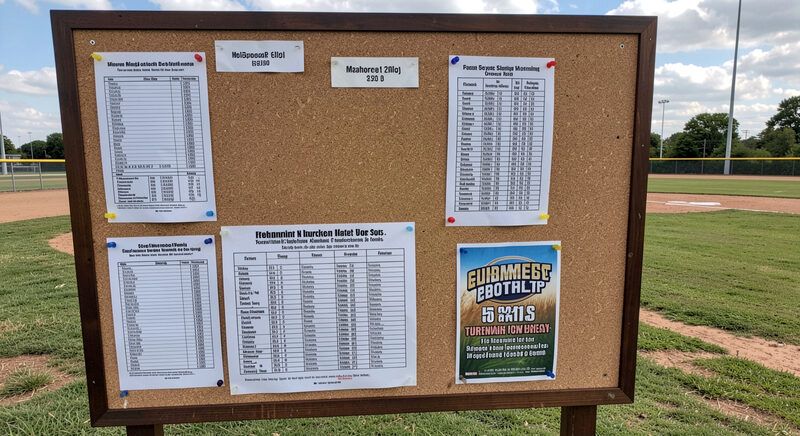 A cork noticeboard at a ballfield covered with printed sign-up flyers, a schedule sheet and a tournament announcement.